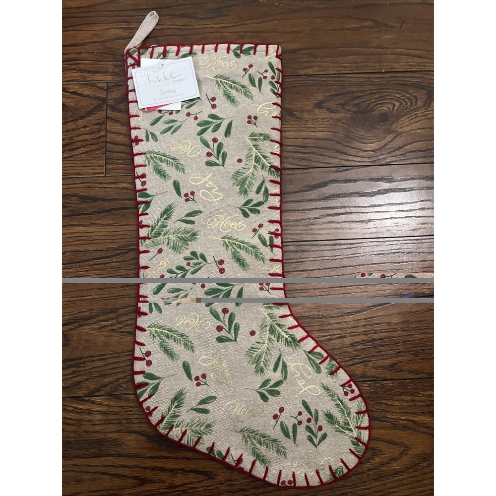 Nicole Miller Christmas Pine Greenery 22" Christmas Stocking Blanket Stitch Edge